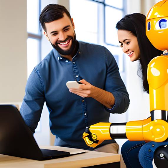 a man, a woman, and a robot. working together in front of a laptop