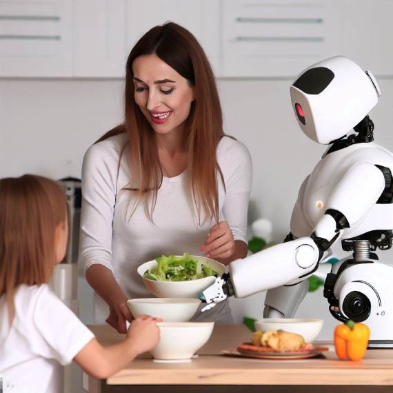 Frau und Kind mit einem Roboter bei der Zubereitung einer Mahlzeit