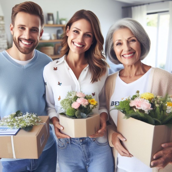 two women and a man smiling and holding flowers and gift boxes