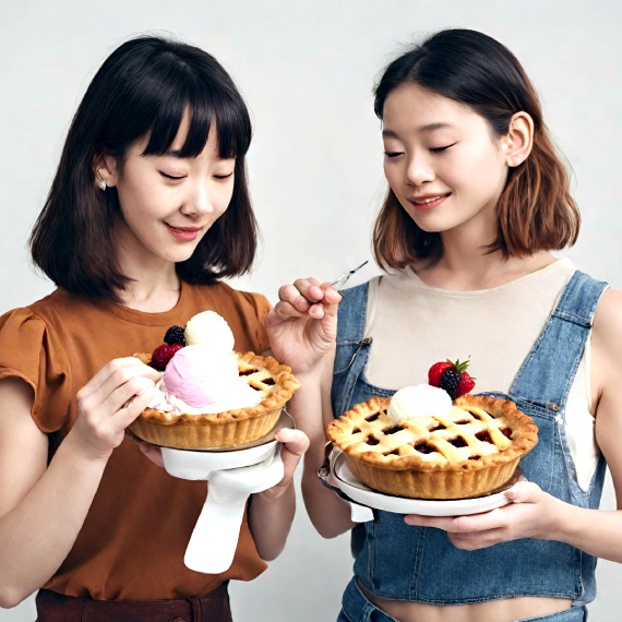 zwei Asiatische Frauen lächeln über Kuchen