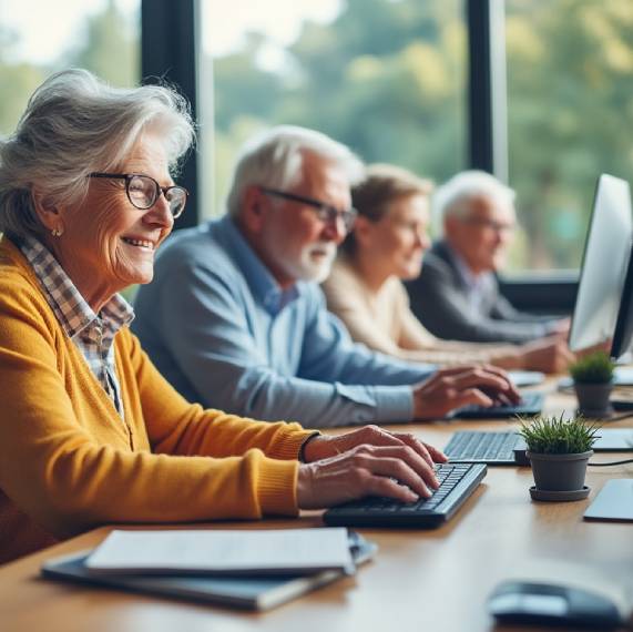 photorealistic senior citizens working with computers