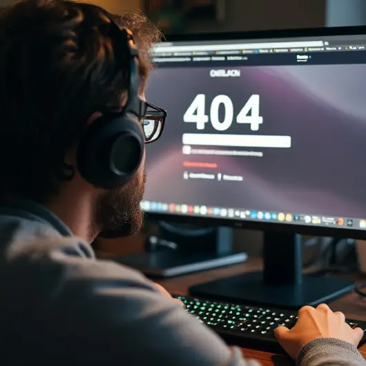 a man looking at a 404 page error on his computer monitor