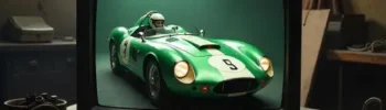 green racing car image on a computer screen sitting on a table in a workshop
