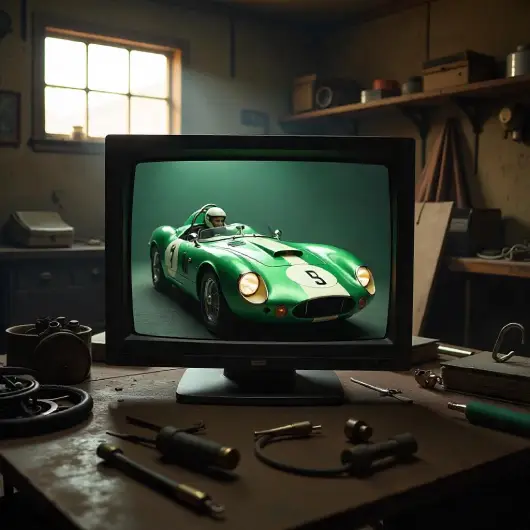 green racing car image on a computer screen sitting on a table in a workshop