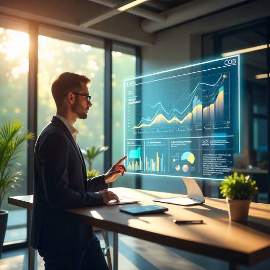 Futuristic digital marketing and web design concept: A sleek, minimalist website interface with holographic projections of data analytics, set in a brightly lit, ultramodern office space with glass walls, during a sunny summer afternoon.