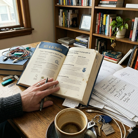 ai generated image of a book about seo and ai rules, laying on a messy desk, held open by a hand.